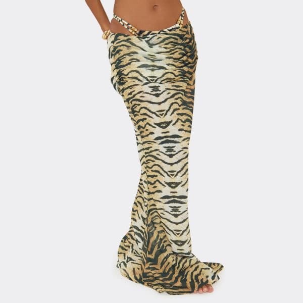 EGO Low Waist Draped Detail Maxi Beach Skirt In Multi Tiger Print, Women's Size UK 6 - 2