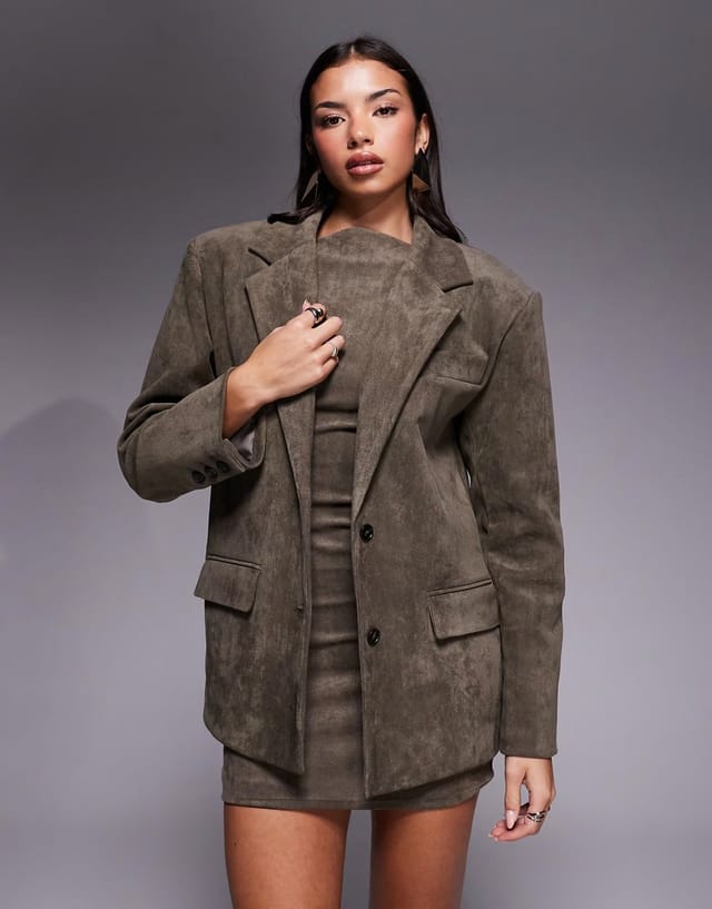 ASOS Wanderdoll faux suede padded shoulder bodysuit, shorts, dress and oversized blazer co-ord in taupe - 2