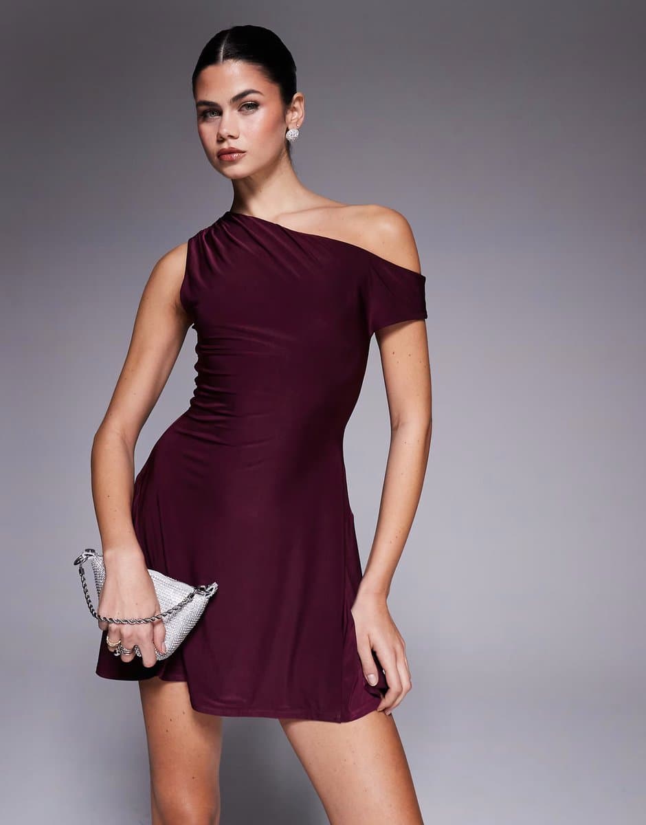 ASOS Kaiia exclusive double layered slinky off shoulder drape detail fitted waist mini skater dress in dark cherry