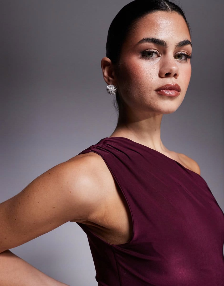 ASOS Kaiia exclusive double layered slinky off shoulder drape detail fitted waist mini skater dress in dark cherry - 4