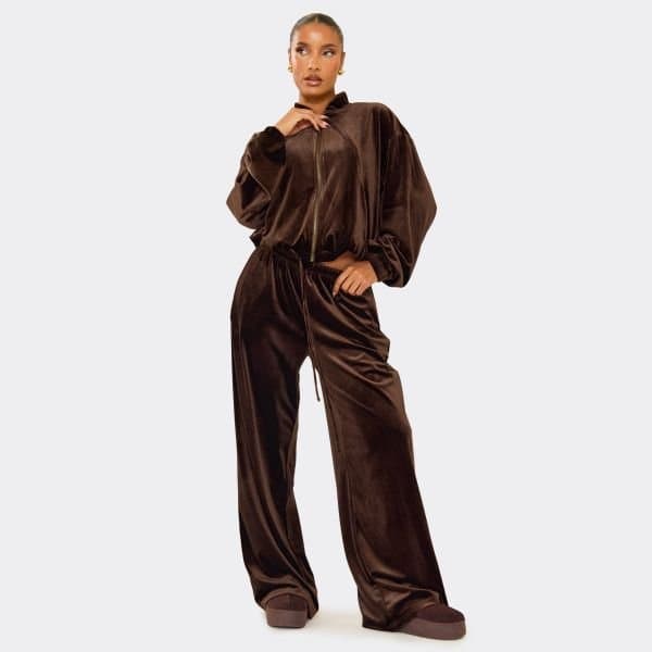 EGO Mid Rise Wide Leg Joggers In Chocolate Brown Velour, Women's Size UK 6