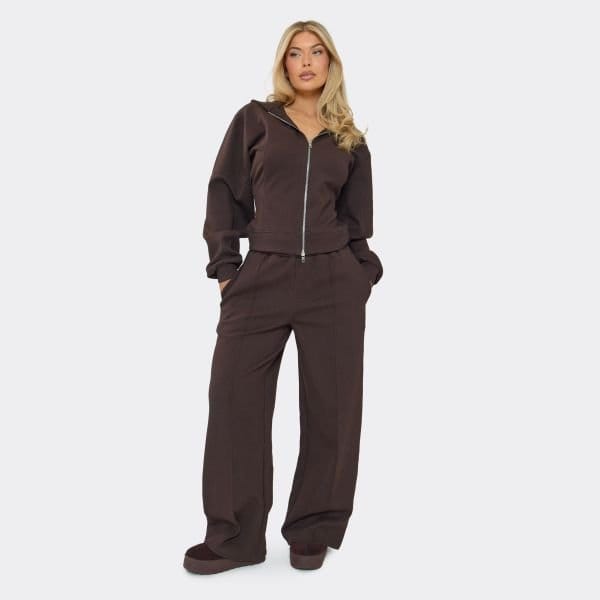 EGO Mid Rise Seam Detail Straight Leg Joggers In Chocolate Brown Interlock, Women's Size UK 6 - 1