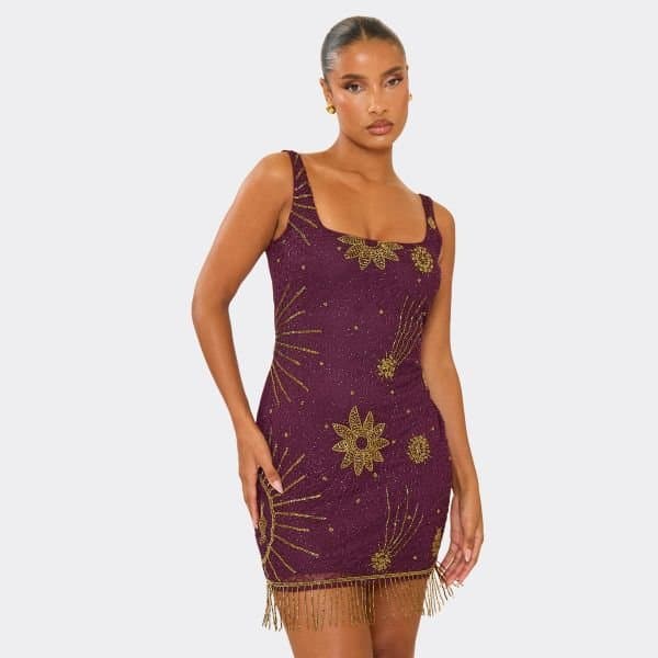 EGO Square Neck Star Embellished Mini Dress In Purple, Women's Size UK 6