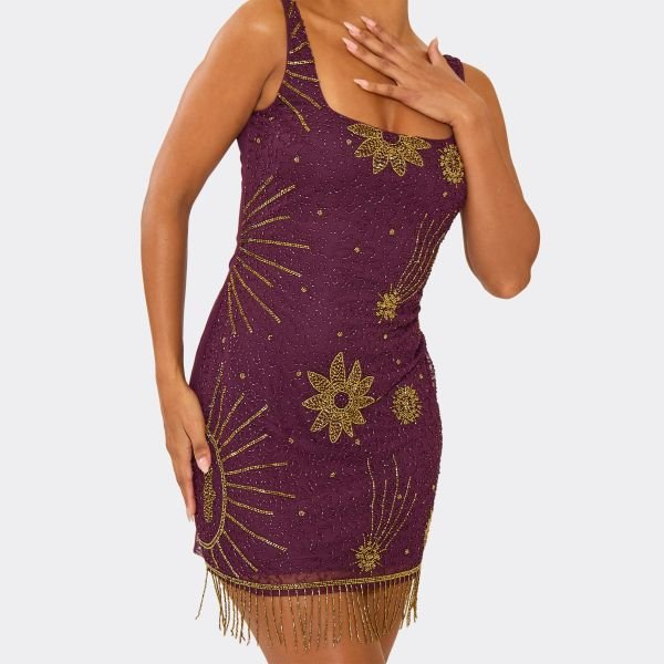 EGO Square Neck Star Embellished Mini Dress In Purple, Women's Size UK 6 - 2