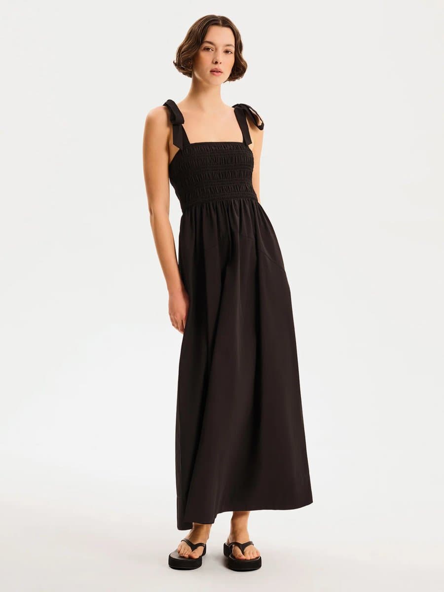 OMNES OMNES Black Maxi Dress with Shirred Bodice