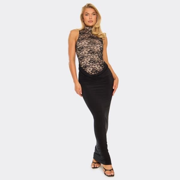 EGO High Neck Contrast Lace Detail Maxi Dress In Black, Women's Size UK 6