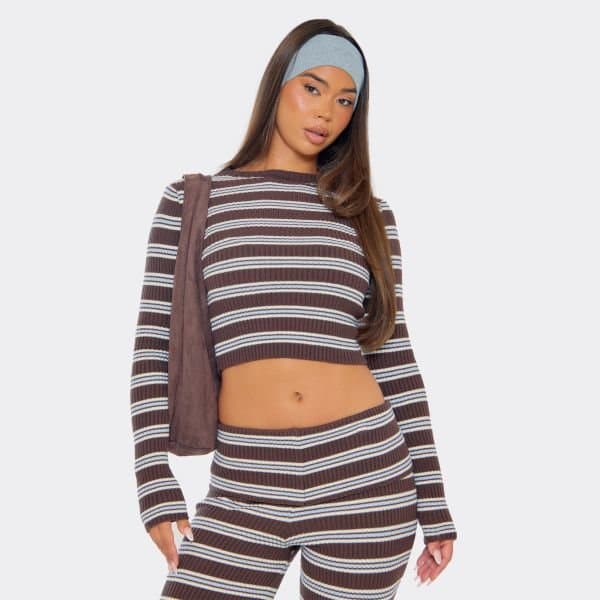 EGO Long Sleeve Crew Neck Fitted Top In Brown And Blue Stripe Rib Knit, Women's Size UK Large L