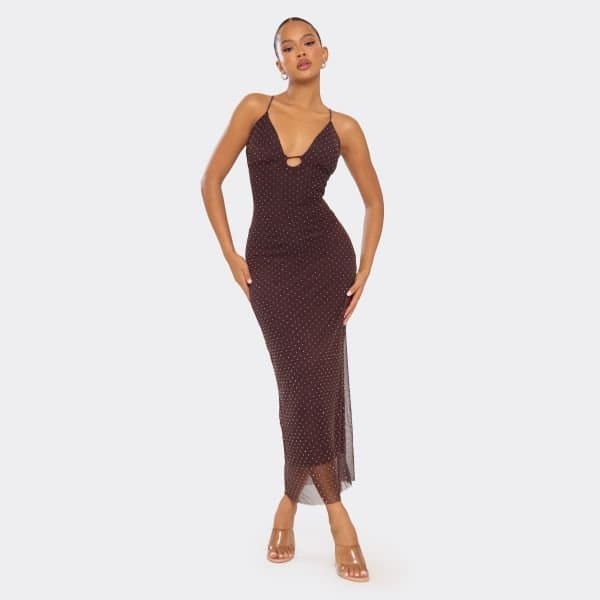EGO Strappy Plunge Detail Fitted Maxi Dress In Chocolate Brown Diamante, Women's Size UK Large L