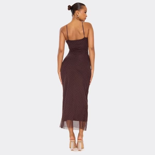 EGO Strappy Plunge Detail Fitted Maxi Dress In Chocolate Brown Diamante, Women's Size UK Large L - 2