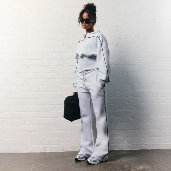 EGO Mid Rise Contrast Piping Detail Wide Leg Joggers In Light Grey Marl, Women's Size UK 8 - 1
