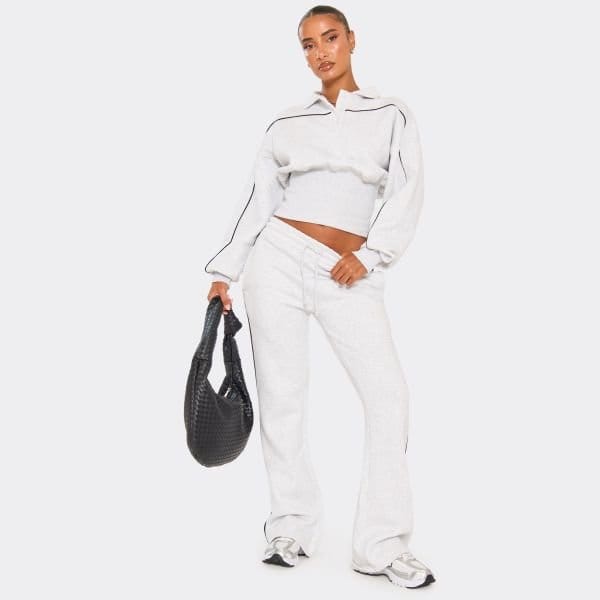 EGO Mid Rise Contrast Piping Detail Wide Leg Joggers In Light Grey Marl, Women's Size UK 8 - 2