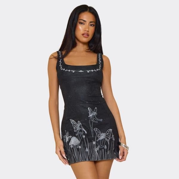 EGO Square Neck Midnight Graphic Print Mini Bodycon Dress In Black Glitter, Women's Size UK 6