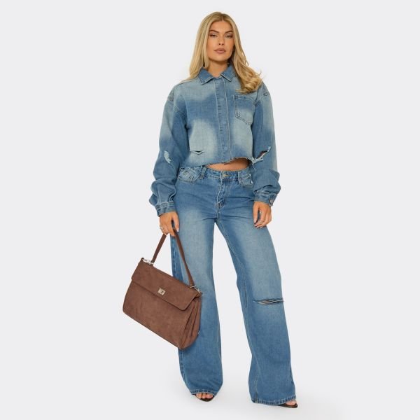 EGO Low Rise Ripped Detail Straight Leg Jeans In Washed Blue Denim, Women's Size UK 6 - 1