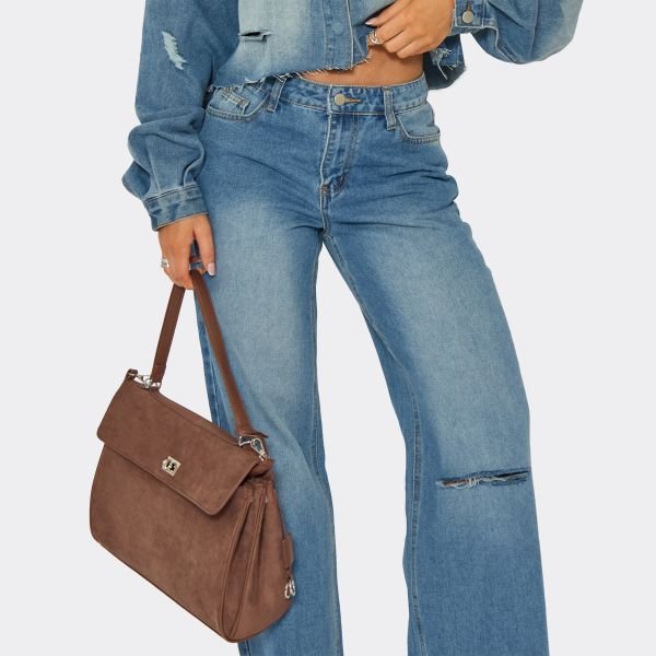 EGO Low Rise Ripped Detail Straight Leg Jeans In Washed Blue Denim, Women's Size UK 6 - 2