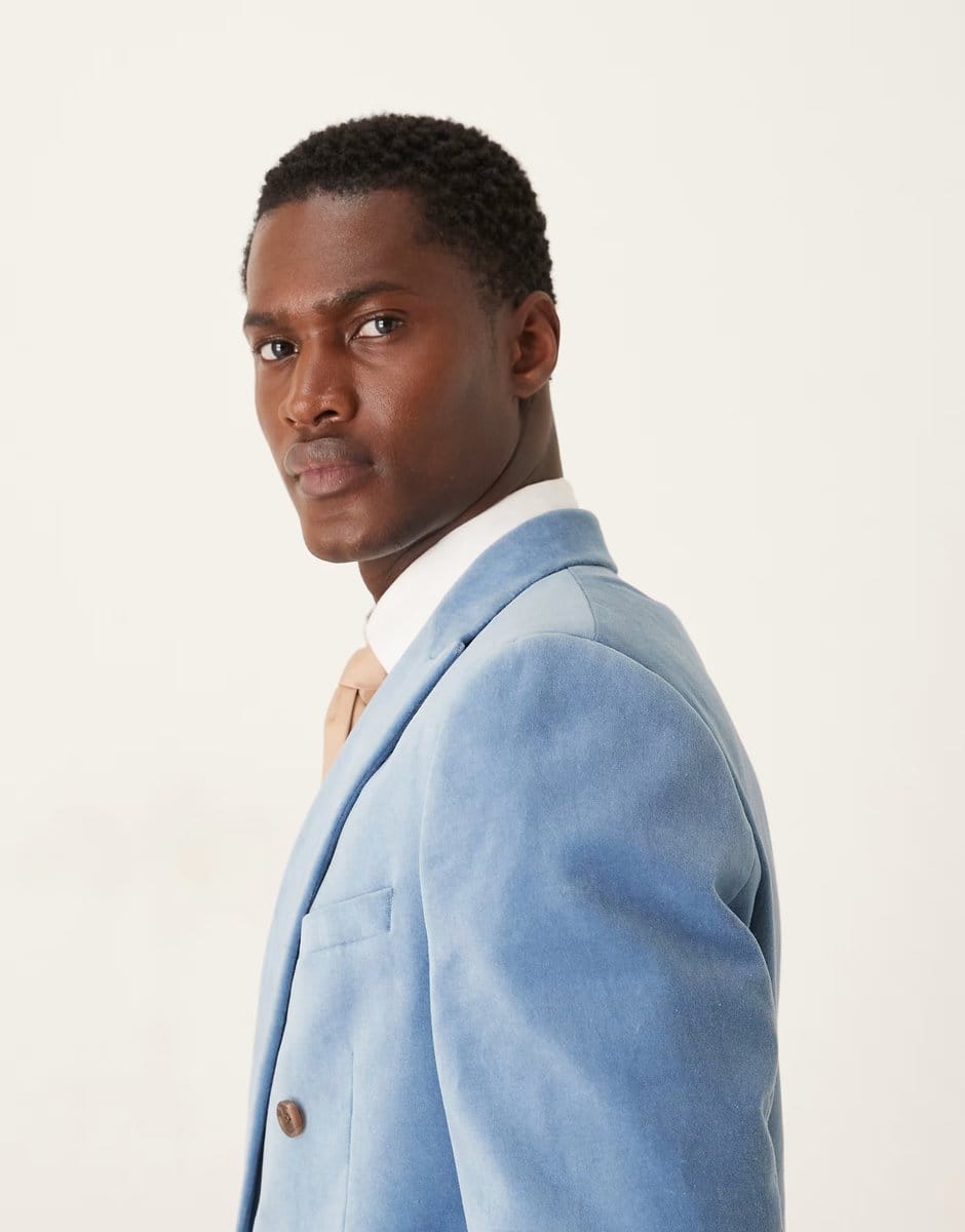 ASOS ASOS DESIGN slim double breasted suit jacket in light blue cotton velvet - 4