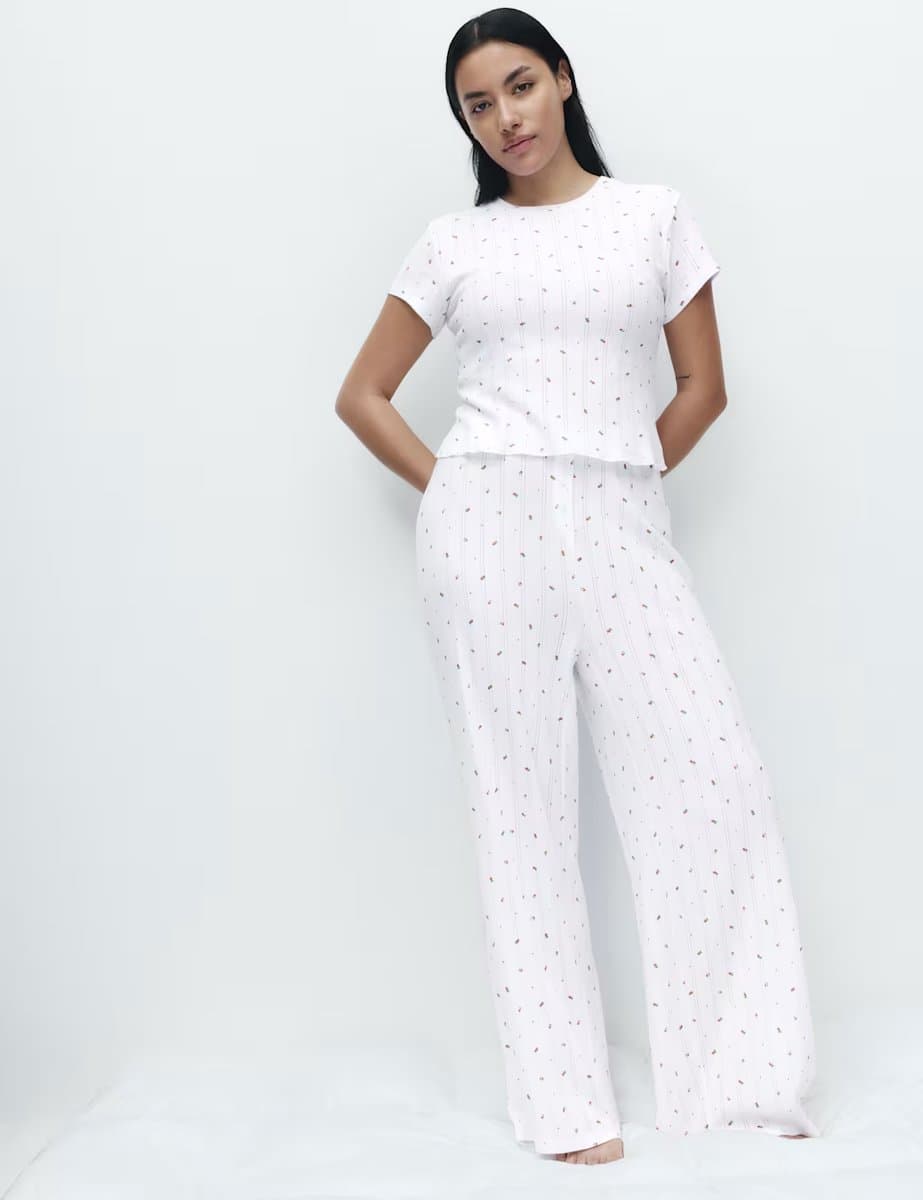Marks & Spencer M&S Pure Cotton Floral Pointelle Pyjama Bottoms White Mix