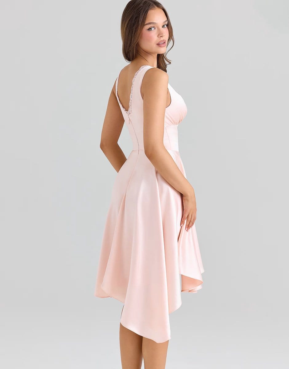 ASOS House of CB Sabella pink satin asymmetric handkerchief hem midi dress in pink - 4