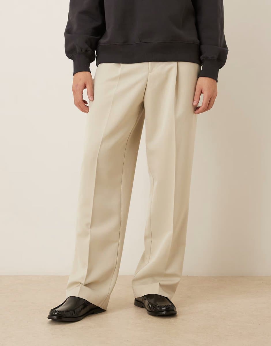 ASOS ASOS DESIGN smart wide leg pleated trouser with exposed button in ecru