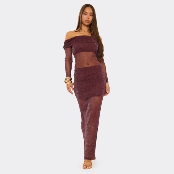 EGO Foldover Bardot Long Sleeve Maxi Dress In Chocolate Brown, Women's Size UK Large L
