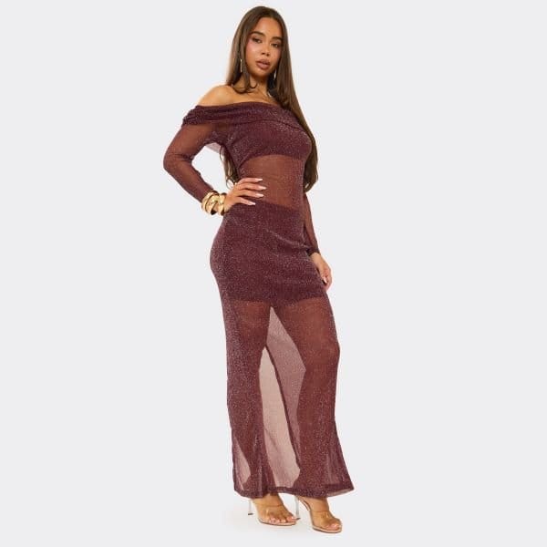 EGO Foldover Bardot Long Sleeve Maxi Dress In Chocolate Brown, Women's Size UK Large L - 2