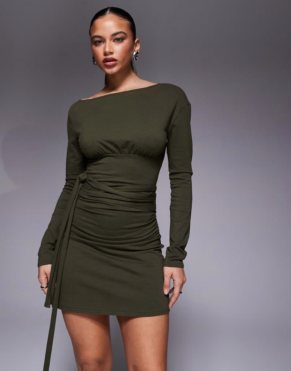 ASOS Fashionkilla exclusive cotton rich off shoulder long sleeve wrap waist detail mini dress in khaki
