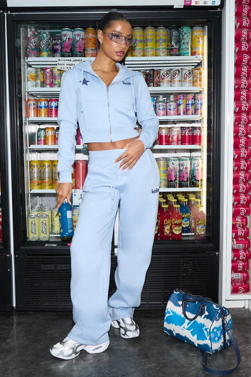 Kaiia Kaiia Baby Blue & Navy Ribbed Waistband Wide Leg Joggers