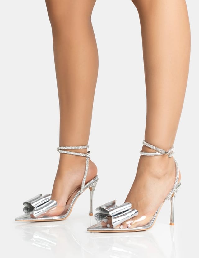 Public Desire Angelic Silver Mirror Perspex Bow Wrap Around Court Stiletto Heel - 3