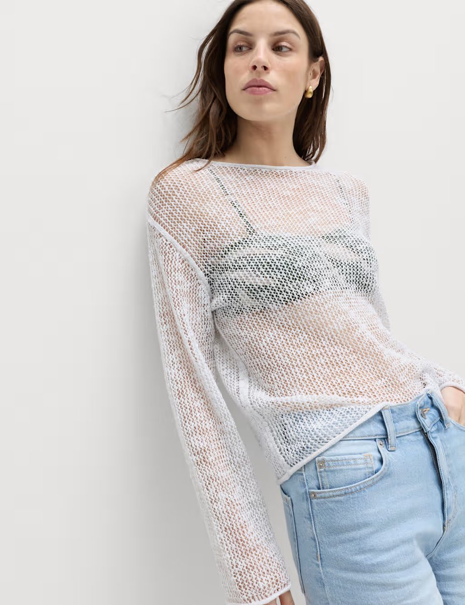 Marks & Spencer M&S Cotton Blend Metallic Jumper with Linen Soft White - 4