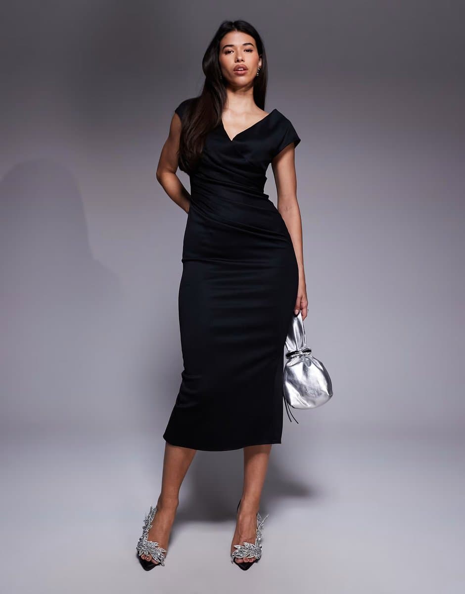 ASOS ASOS DESIGN structured midi dress with capped sleeve and draped cross front in black
