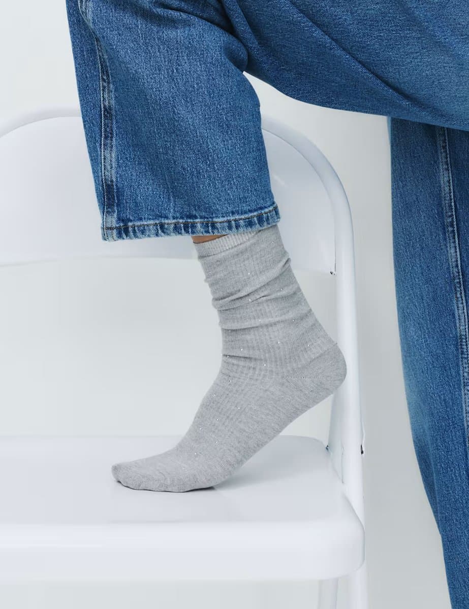 Marks & Spencer M&S Ribbed Embellished Crew Socks in Grey