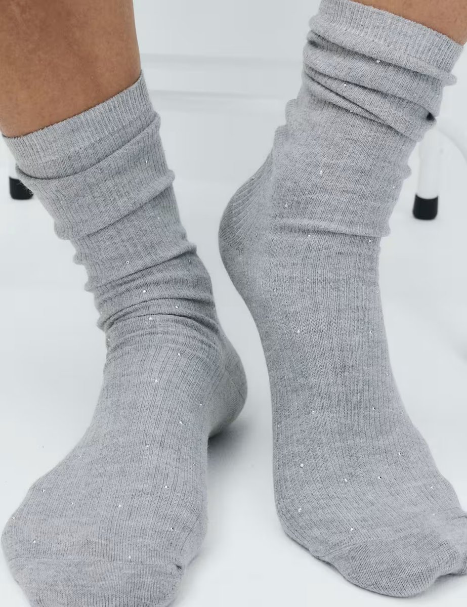 Marks & Spencer M&S Cotton Blend Ribbed Embellished Crew Socks Grey - 3