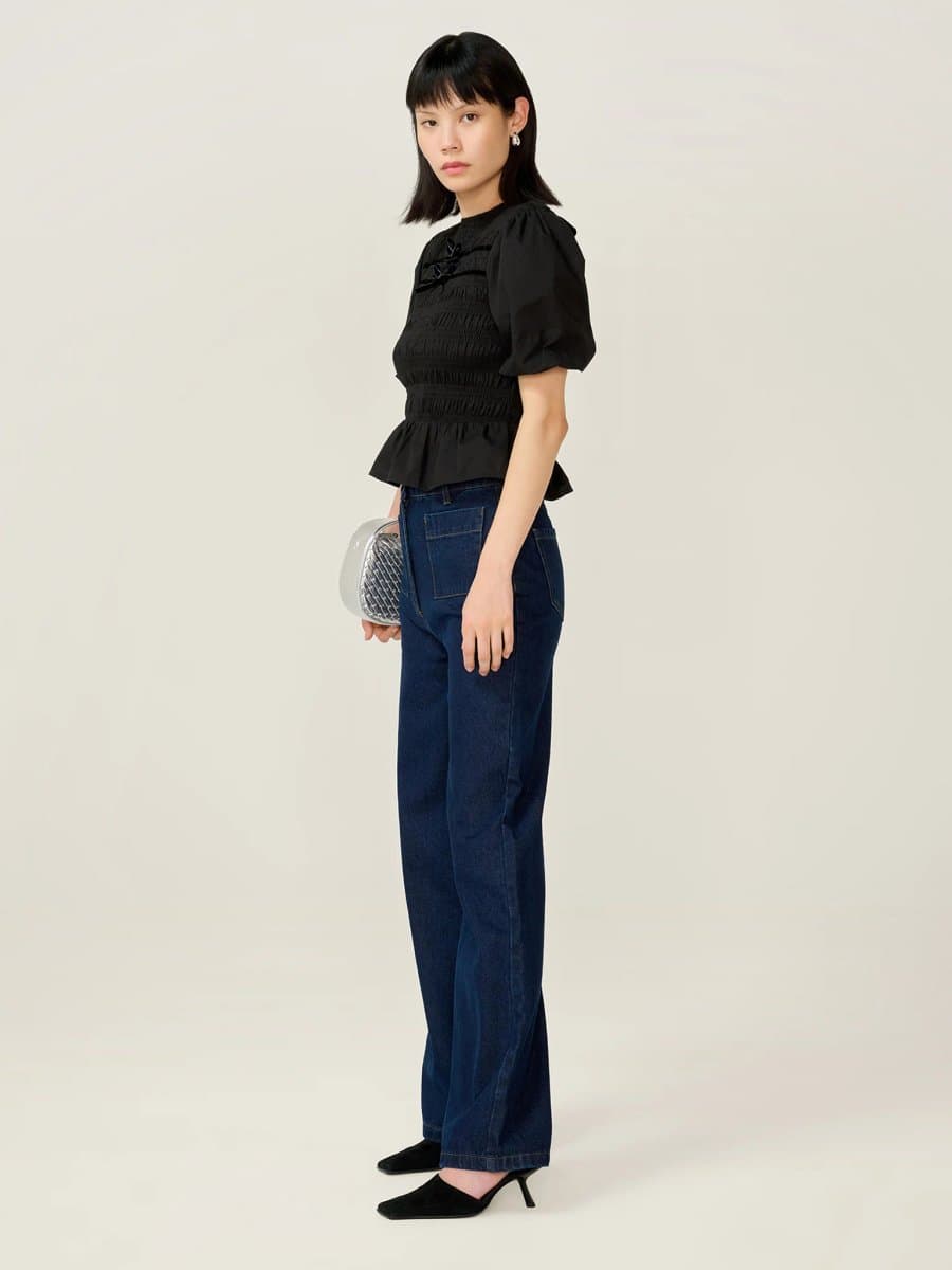 OMNES OMNES Puff Sleeve Peplum Top in Black