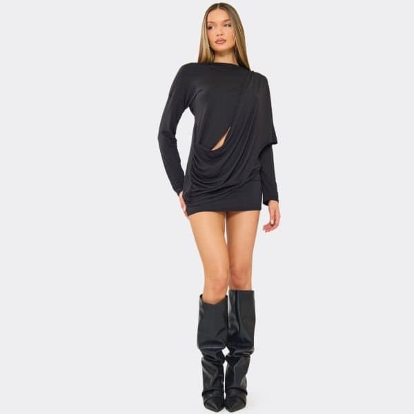 EGO Mid Rise Drape Detail Mini Skirt In Black, Women's Size UK 6