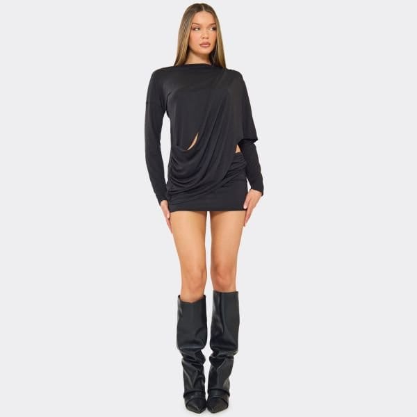 EGO Mid Rise Drape Detail Mini Skirt In Black, Women's Size UK 6 - 2