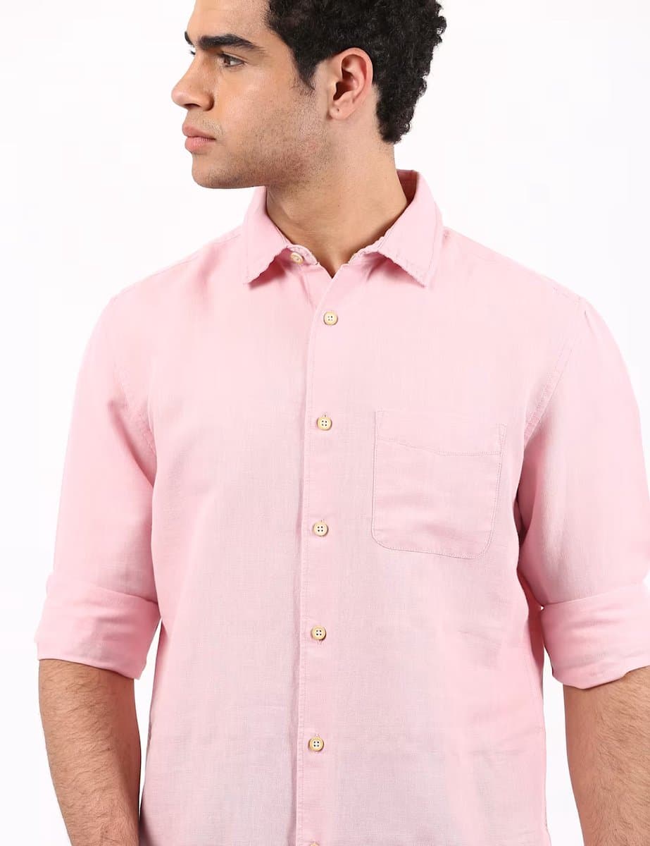 Marks & Spencer M&S Classic Collar Solid Linen Shirt in Dusted Pink