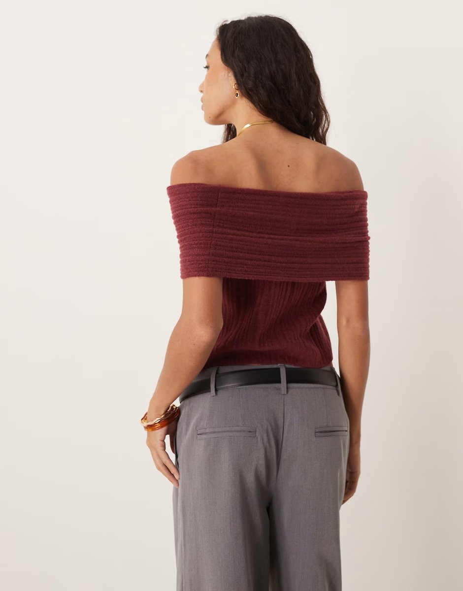 ASOS Abercrombie & Fitch off the shoulder foldover top in burgundy - 4