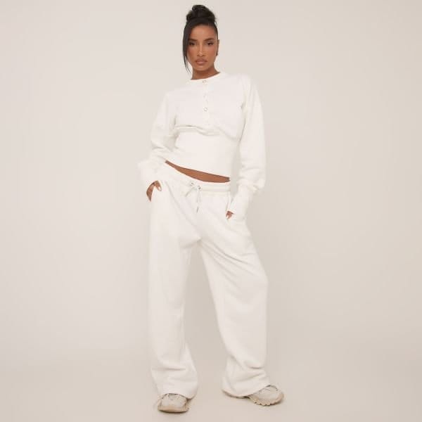 EGO Elasticated Waist Wide Leg Joggers In Cream, Women's Size UK 4 - 1