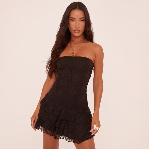 EGO Bandeau Frill Hem Mini Dress In Black Lace, Women's Size UK 8