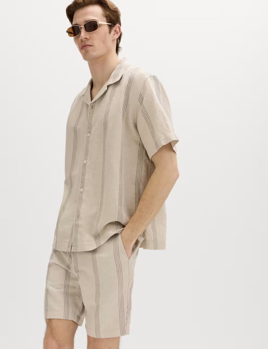 Marks & Spencer M&S Cotton Linen Blend Striped Short Sleeve Shirt Natural Mix
