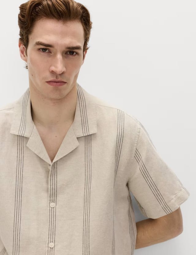 Marks & Spencer M&S Cotton Linen Blend Striped Short Sleeve Shirt Natural Mix - 2