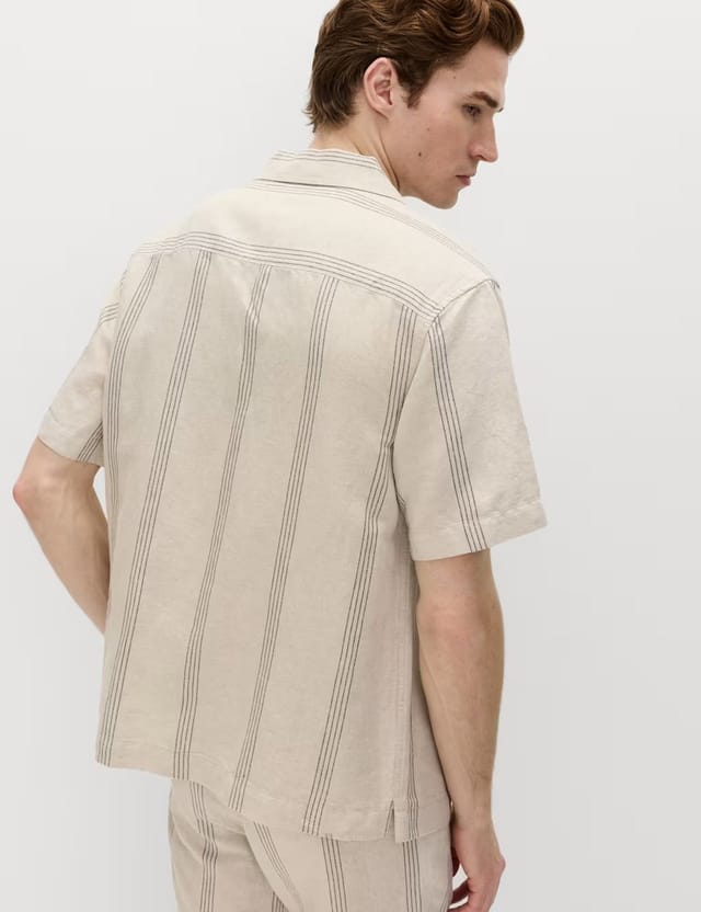 Marks & Spencer M&S Cotton Linen Blend Striped Short Sleeve Shirt Natural Mix - 3