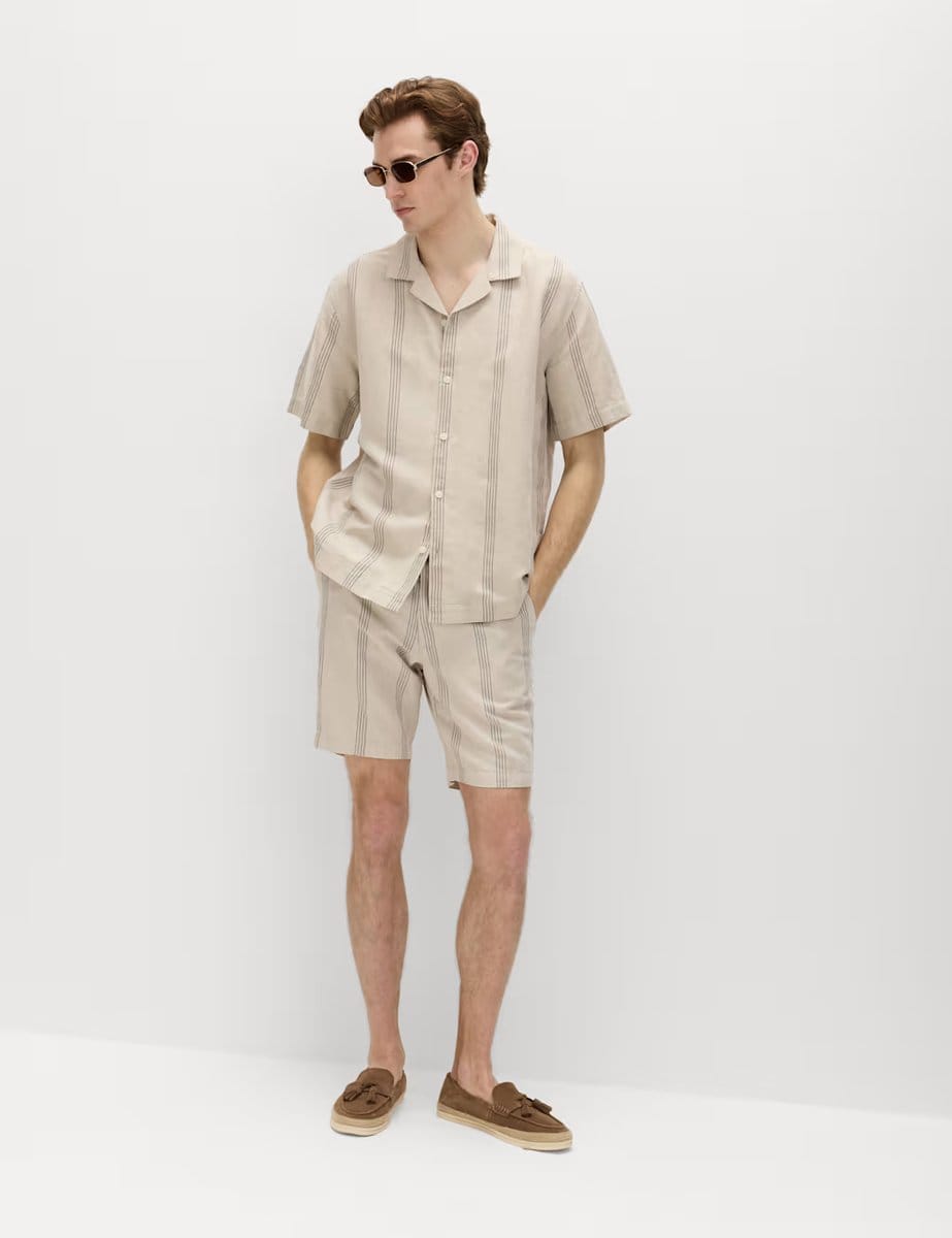 Marks & Spencer M&S Cotton Linen Blend Striped Short Sleeve Shirt Natural Mix - 4
