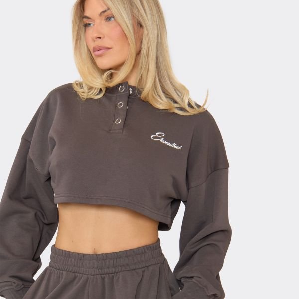 EGO Essential Embroidered Graphic Popper Cropped Sweatshirt In Chocolate Brown, Women's Size UK 6 - 2