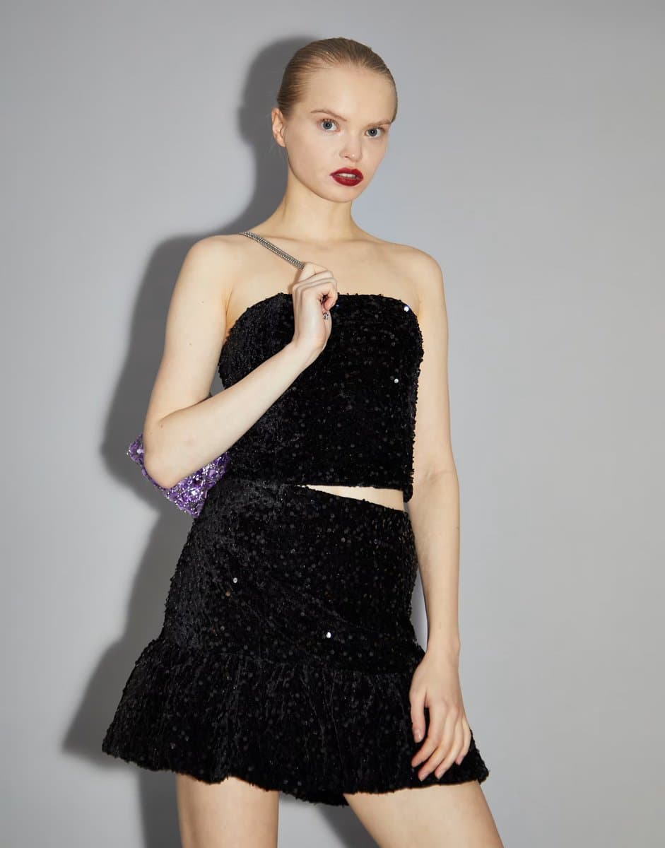 ASOS Glamorous Bandeau crop top in black velvet sequin