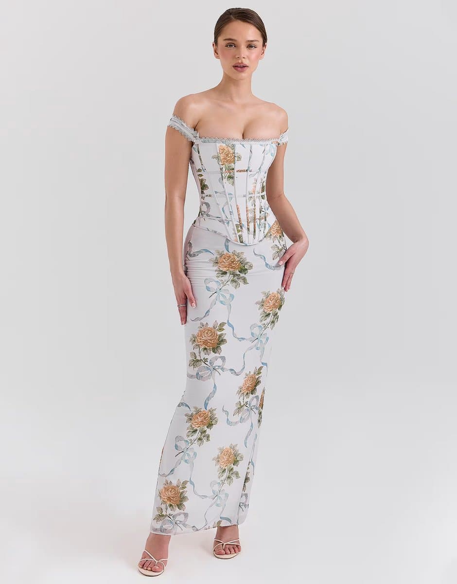 ASOS House of CB Isis vintage print corset maxi dress in soft blue
