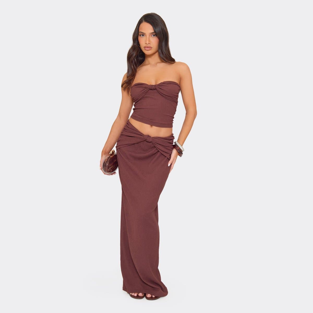 EGO Mid Rise Knot Front Detail Maxi Skirt In Chocolate Brown, Women's Size UK 6