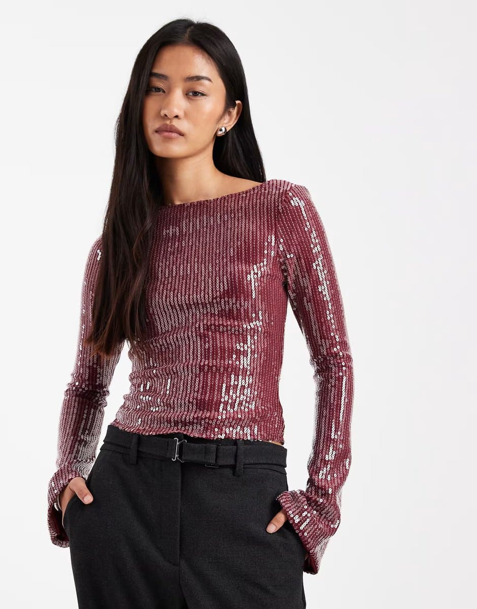 ASOS ASOS Maroon Sequin Long Sleeve Top