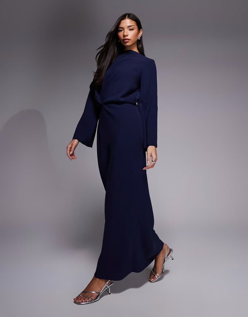 ASOS ASOS DESIGN long sleeve tucked waist bias maxi dress in navy