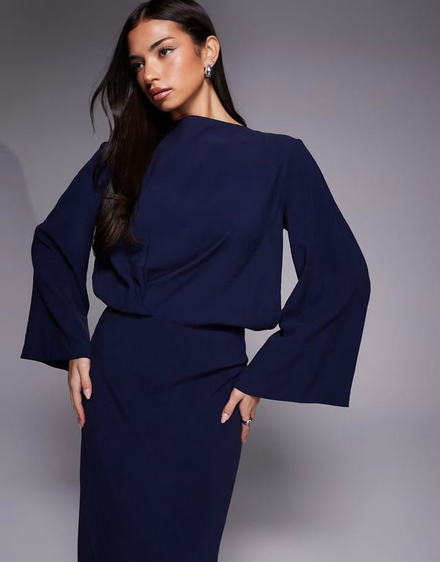 ASOS ASOS DESIGN long sleeve tucked waist bias maxi dress in navy - 3