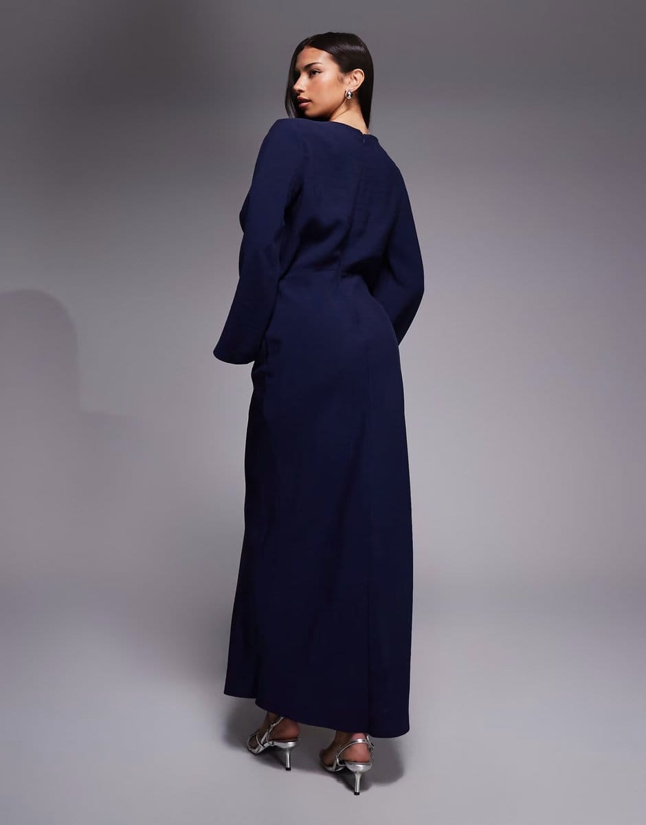 ASOS ASOS DESIGN long sleeve tucked waist bias maxi dress in navy - 4